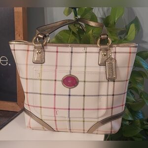Coach White and Gold Plaid Tote